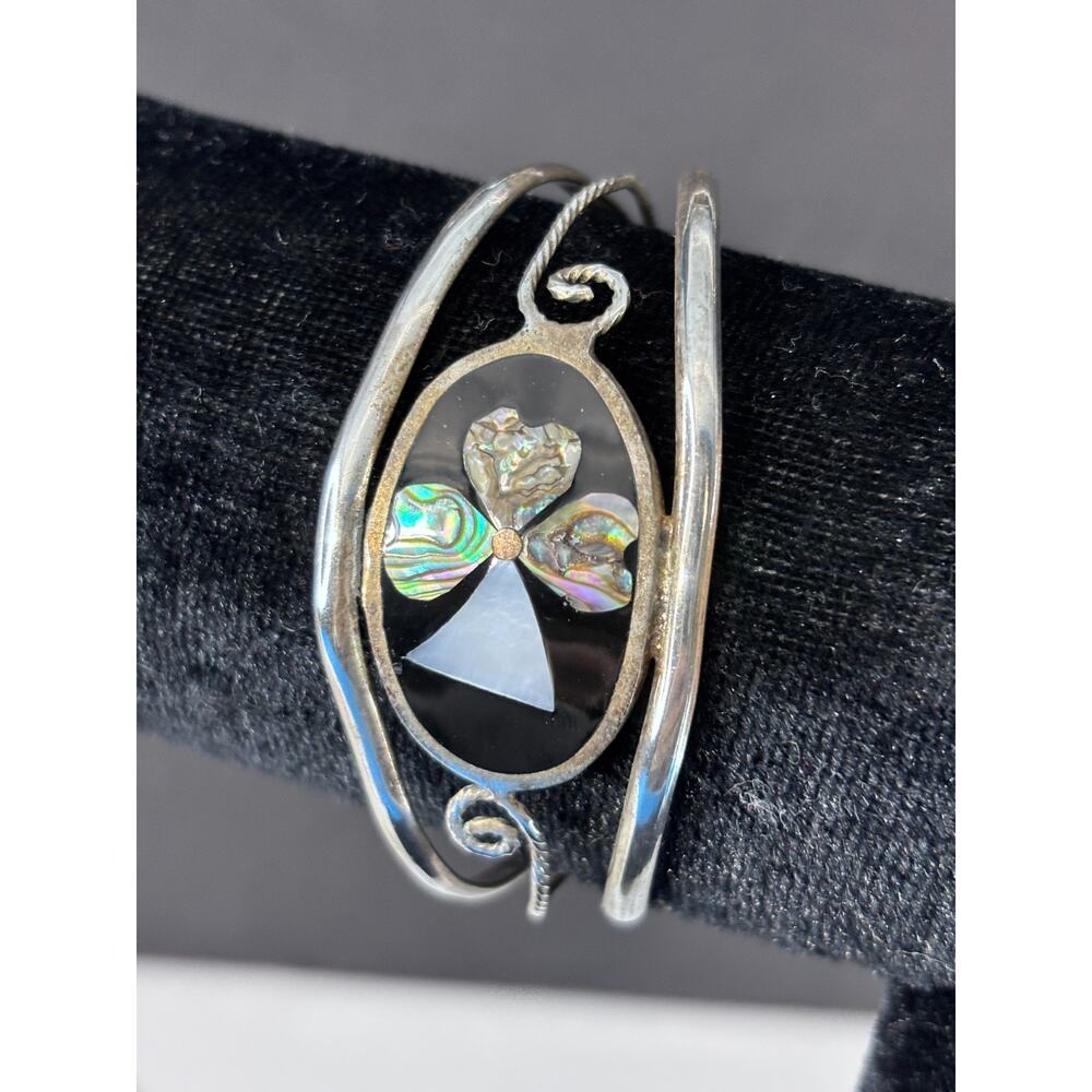 Vintage Hecho Mexico Abalone Shell Inlay Cuff Bracelet Artisan Boho Jewelry